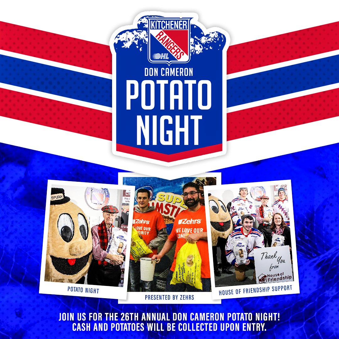 OHLRangers's tweet photo. Bring on the spuds! ๐ฅ
Join us this FRIDAY for our 26th Annual Don Cameron Potato Night presented by Zehrs. Potatoes and cash donations will be collected upon entrance to the game in support of the @hofwatreg
๐ซ | https://t.co/jZCVoNef4q
#OHLRangers | #PotatoNight https://t.co/CyCT1RDQfa