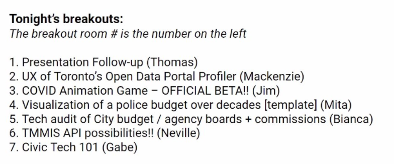 CivicTechTO's tweet photo. We're hosting a 100% hacknight today at 7pm ET. It's dedicated time for community members to collaborate on exciting #civictech projects. 

Curious what you could work on, or who you could work with? Check out this list from last week's event. 👇 https://t.co/BPKitJkjTU