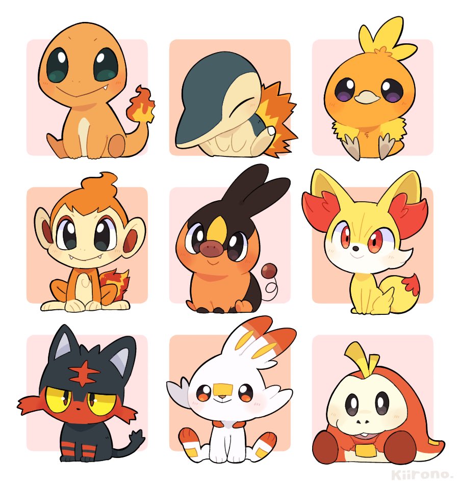 charmander ,litten ,scorbunny ,tepig pokemon (creature) no humans starter pokemon trio smile fire sitting closed mouth  illustration images