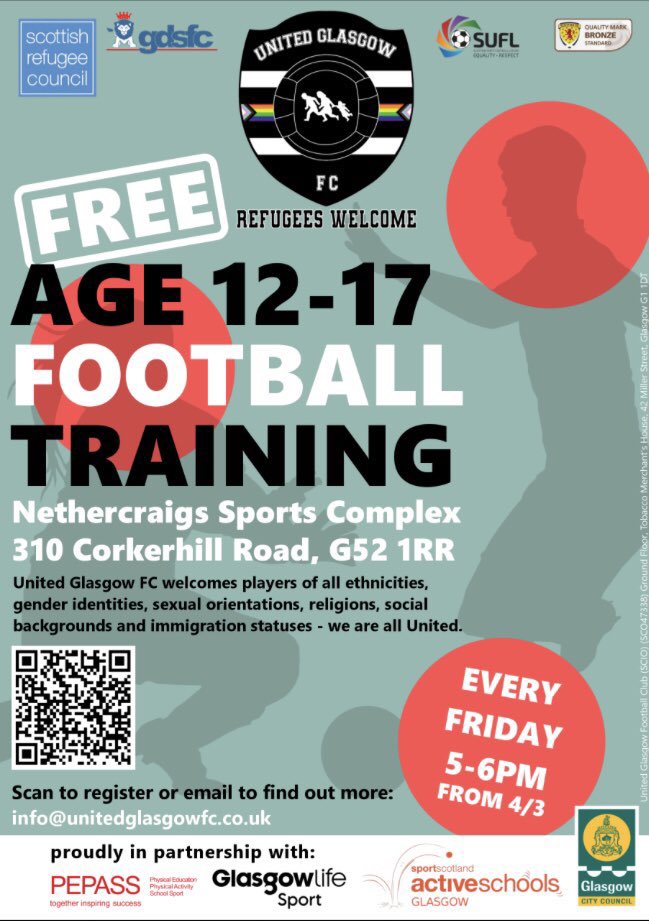 Check out this wonderful #partnership with <a href="/UnitedGlasgowFC/">United Glasgow FC</a> 
⚽️ FREE 
AGE - 12 -17 
🗓 Starting this week!!
@ Nethercraigs Sports Complex  &amp;
<a href="/ToryglenRegFC/">Toryglen Reg FC</a>
#RefugeesWelcome #ActiveSchoolsGlasgow 
Check it out 
⬇️⬇️⬇️ 
<a href="/EdISGlasgow/">EdIS Glasgow</a> <a href="/GCParentsGroup/">Glasgow City Parents Group (GCPG)</a>  <a href="/Glasgow_Sport/">Glasgow Sport</a> @Doug_GCC