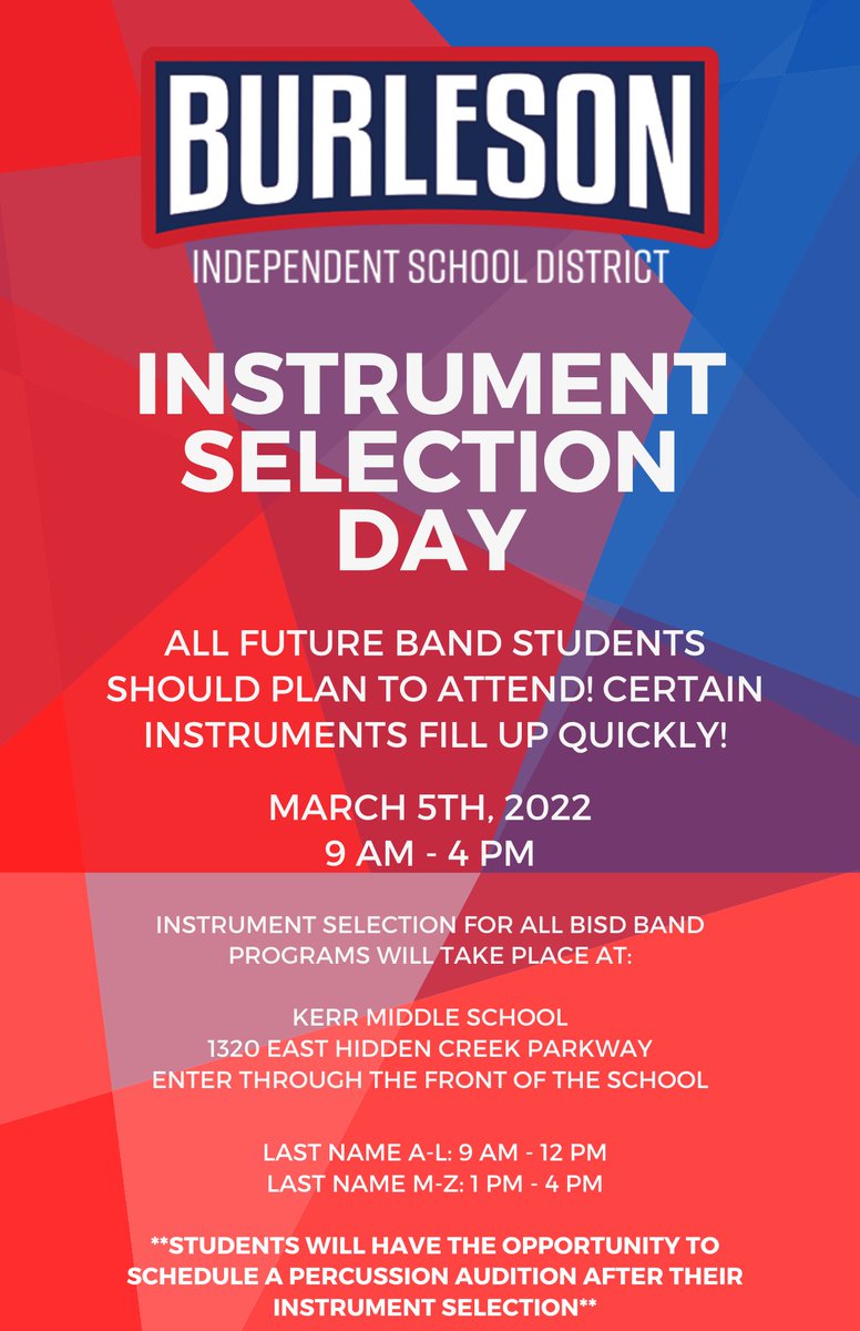 Spread the word.  
BISD Instrument Selection Day is this Saturday!