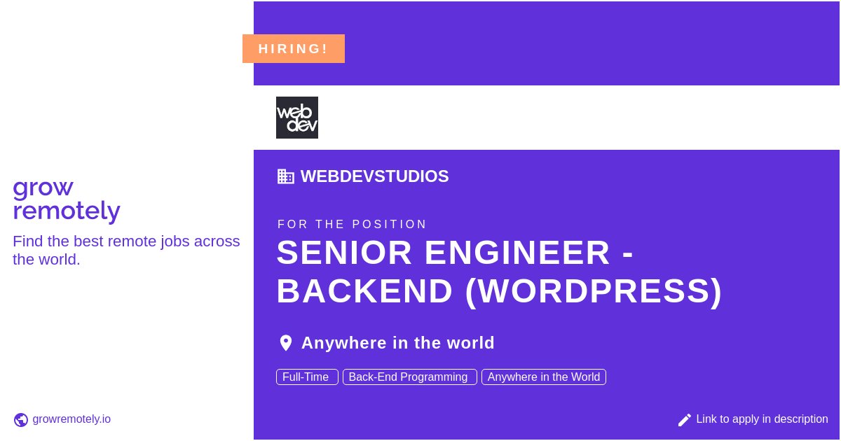 growremotelyio's tweet image. Check out this job at WebDevStudios for the position Senior Engineer - Backend (WordPress).

 Apply link: growremotely.io/?id=621d62dd6b…

#hiring #remotejobs #WebDevStudios #Backend