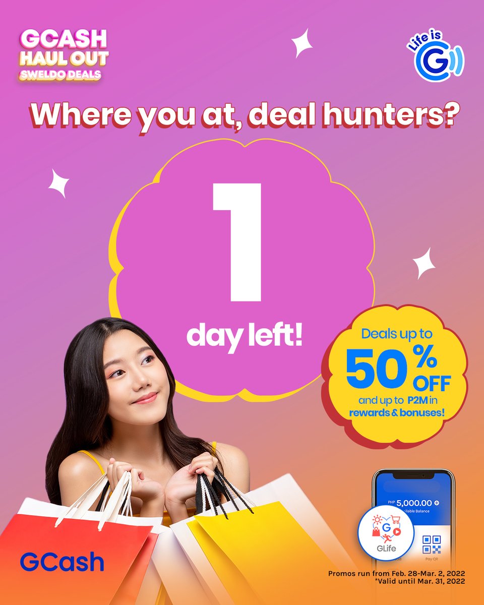 gcashofficial's tweet photo. You don’t want to miss deals up to 50% OFF &amp; a chance to win up to P2M in rewards &amp; bonuses! Open your GCash app now, go to GLIfe, and check our Haul Out Sweldo Deals, just for you! #LifeIsG https://t.co/trX6d070lL