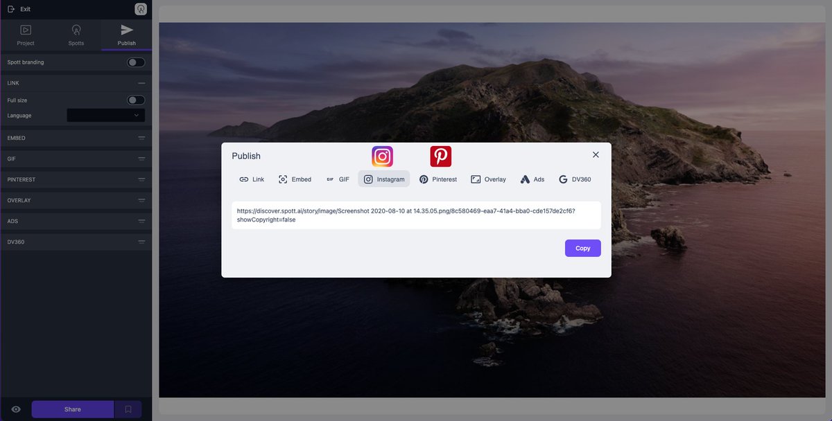 Once you publish your Spott video, a dedicated page with your content is created automatically and you can share this link with your audience by posting it on social networks.
You just share the link, the platform handles all the rest! 🔗