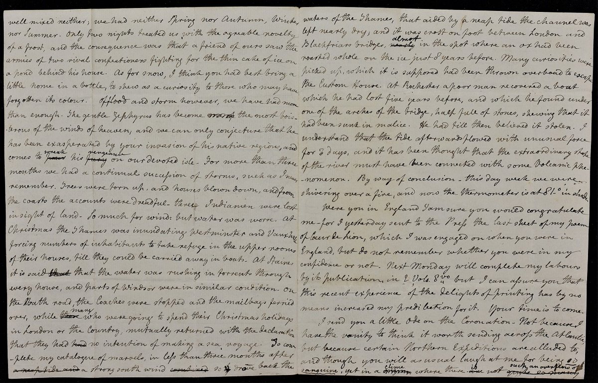 DerbyshireDRO's tweet photo. After all the stormy weather we've had, our #ArchiveOfTheWeek is a letter written in 1822 by the poet Eleanor Porden to her future husband arctic explorer John Franklin, about the unseasonably mild winter, terrible storms and floods they'd had. Transcript: https://t.co/1h6F3I7pUe https://t.co/XBrtmkfvuE