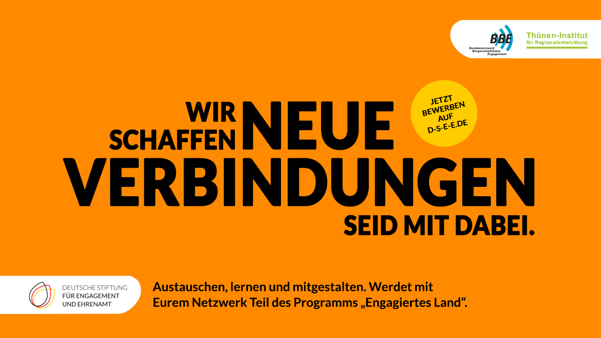Wir schaffen neue Verbindungen. Seid mit dabei. Jetzt bewerben auf www.d-s-e-e.de. Austauschen lernen  und mitgestalten. Werdet mit Eurem Netzwerk Teil des Programms "Engagiertes Land".