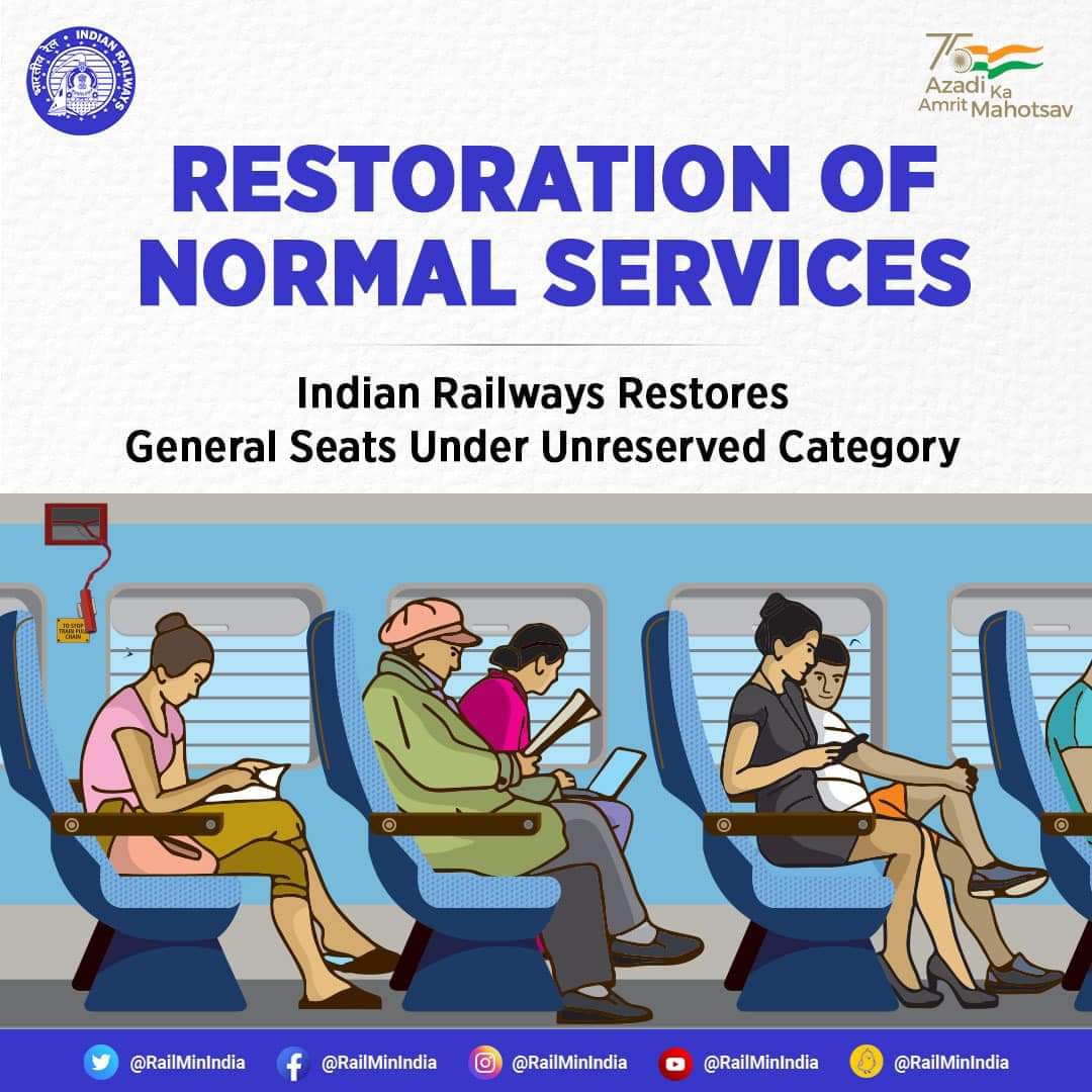 spjdivn's tweet photo. Return to Normalcy!

Indian Railways restores the service of general seats under unreserved category, facilitating passengers to travel with General Ticket. https://t.co/5YPf4N7lir