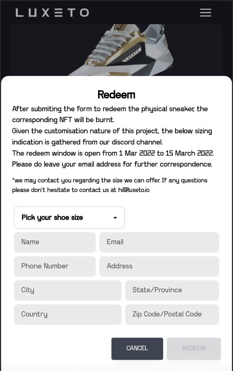 luxeto_nft's tweet photo. BIG NEWS! Here it comes - the redeem window for our first drop Luxeto Punk sneakers is now OPEN, till 15th March! Go get your pair at our website. And read instructions.. https://t.co/wNDjnQKEBs 

We can’t wait to ship out the first pair! 👟 https://t.co/Y4PbnXvc5N