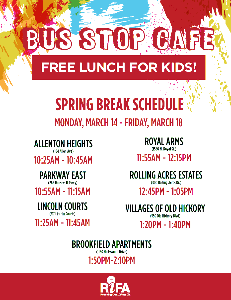 rifajackson's tweet photo. The #BusStopCafe is ready to roll! We'll be on the move in the community during Spring Break providing free lunch for any child, age 0-18, who needs one during the school break! Bus stop locations & times are below: #ReachingOut #LiftingUp #FightingHungerTogether #RIFAJackson https://t.co/oZomV24Fng