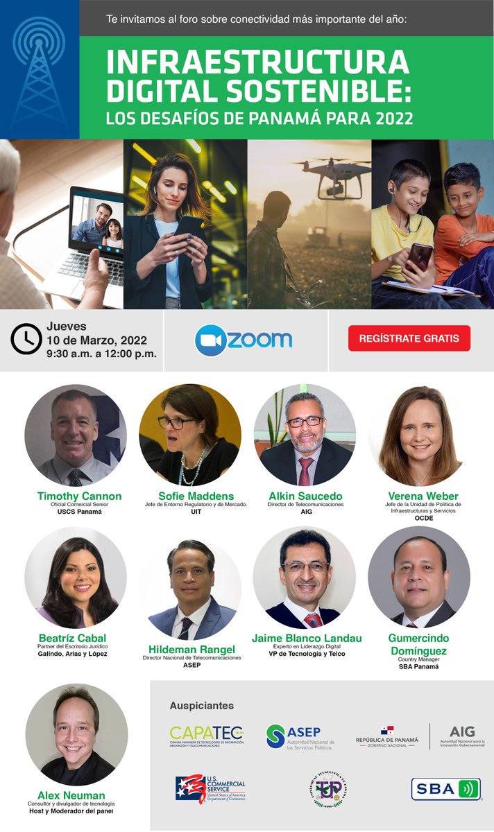 GERMAN ARIAS (@germanarias) on Twitter photo "Infraestructura Digital Sostenible, los desafíos de Panamá para el 2022", participan UIT <a href="/smaddens/">Sofie Maddens</a>, OCDE <a href="/WeberVere/">Verena Weber</a>, ASEP, AIG, expertos locales @jaimeblancola, <a href="/alexneuman/">Alex Neuman</a>. Apoya la Embajada de Estados Unidos, CAPATEC <a href="/capatec/">CAPATEC PANAMA</a>, <a href="/utppanama/">UTP Panamá</a>.
smartcomcorp.com/Evento-Infraes… "Infraestructura Digital Sostenible, los desafíos de Panamá para el 2022", participan UIT <a href="/smaddens/">Sofie Maddens</a>, OCDE <a href="/WeberVere/">Verena Weber</a>, ASEP, AIG, expertos locales @jaimeblancola, <a href="/alexneuman/">Alex Neuman</a>. Apoya la Embajada de Estados Unidos, CAPATEC <a href="/capatec/">CAPATEC PANAMA</a>, <a href="/utppanama/">UTP Panamá</a>.
smartcomcorp.com/Evento-Infraes…