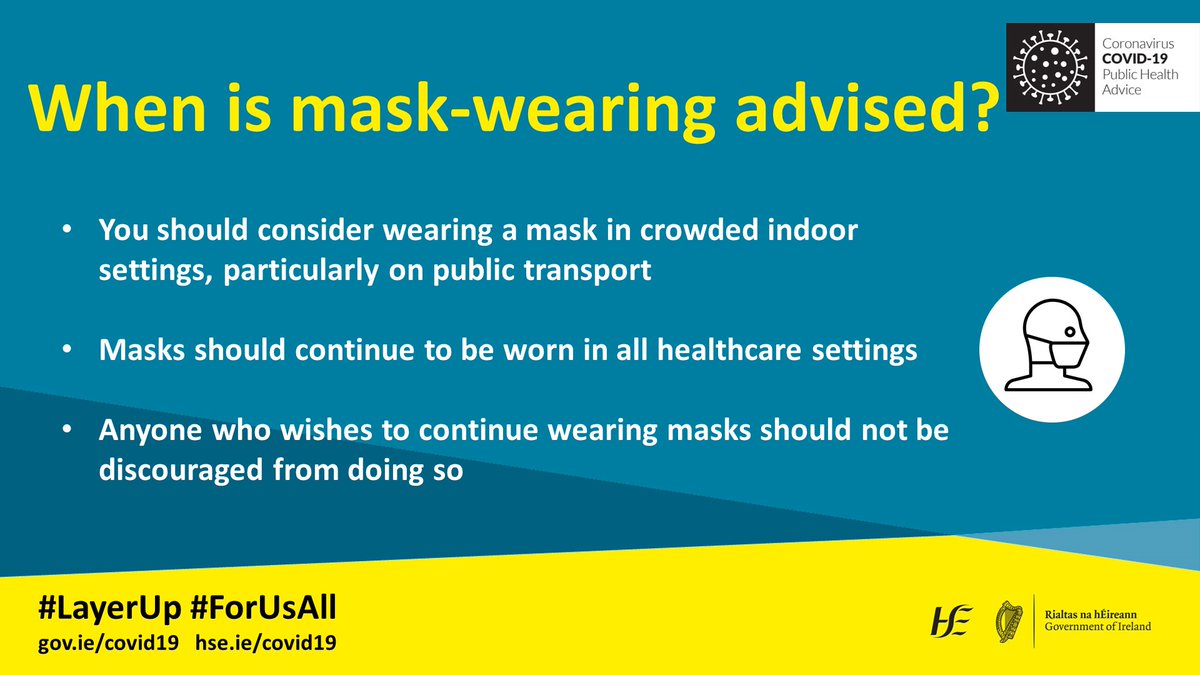 The mandatory requirement to wear masks has been removed, however public health advises that masks should continue to be worn in certain settings.

#LayerUp | #ForUsAll | gov.ie/health | hse.ie