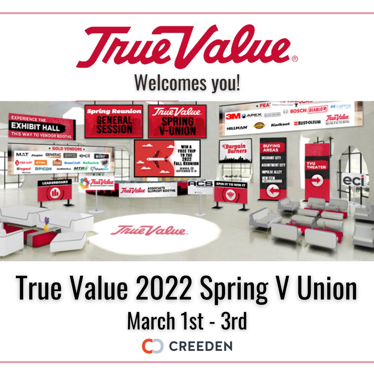 CreedenSales's tweet photo. We are excited for the True Value 2022 Spring V Union! 

If you have initiatives that require you to be in the stores during this time, Creeden can help.

#TrueValue #VirtualReunion #Creeden #forceforsales https://t.co/m0oe03nnjc