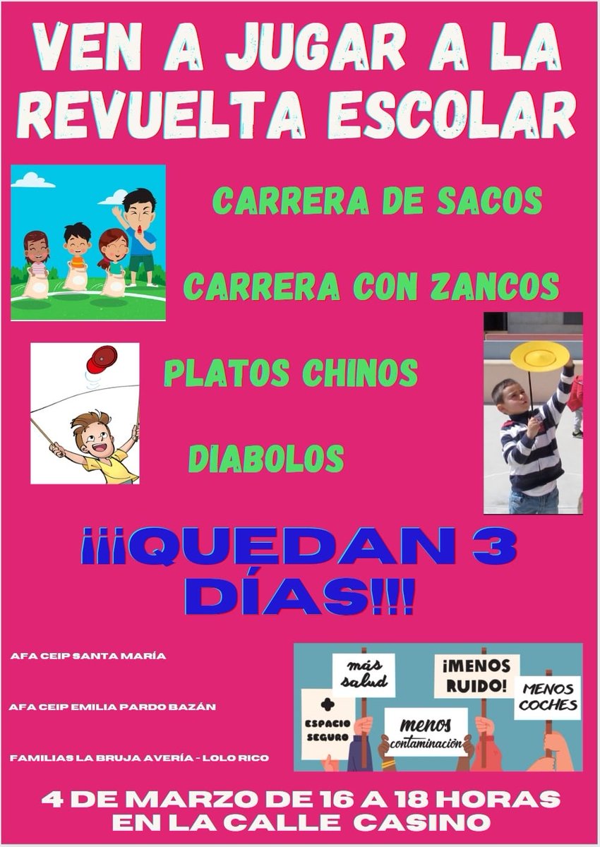 penelopePNME's tweet photo. Este viernes a las 16h pásate a reivindicar #EspaciosEscolares seguros con la #RevueltaEscolar mientras jugamos y nos lo pasamos genial. Actividades para todas las edades. Cortamos c/ Casino, Peña de Francia y Rodas. Organizado x @AMPAEmilia del AFA Santamaría y las @e_familias. https://t.co/KdZ9CKnb4R