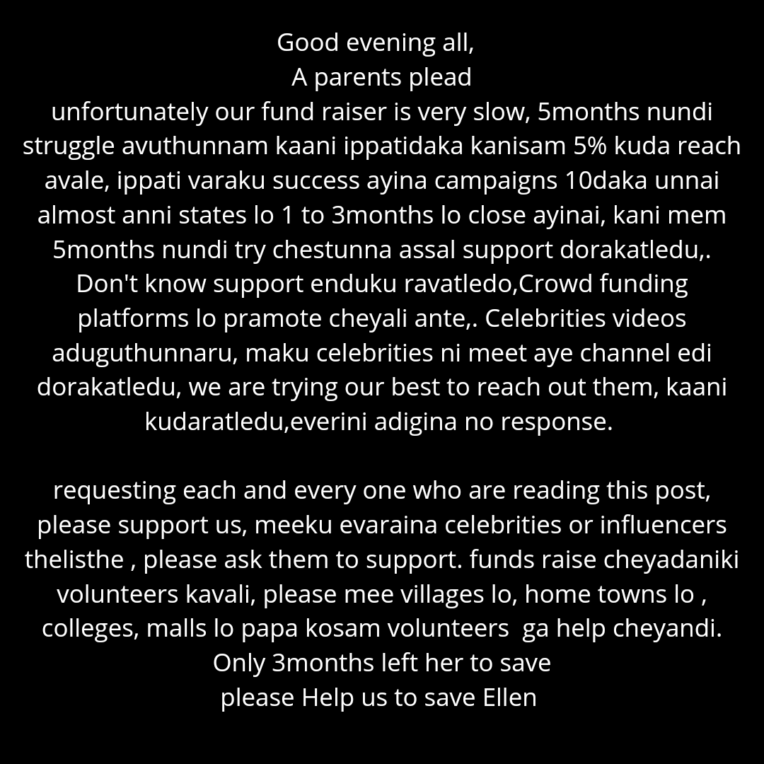 EllenFightsSMA_'s tweet photo. Pls tag your 10 friends and nominate to donate atleast 10rupees,and ask them to nominate another 10friends.
Pls don't break the chain,if the chain gets broken,tag another one
Target:16cr
 #saveellen 
phone pe/ Gpay : 9908589604
Medical documents are in bio
https://t.co/AQcMnQvXF9 https://t.co/xFJjoIXLlC