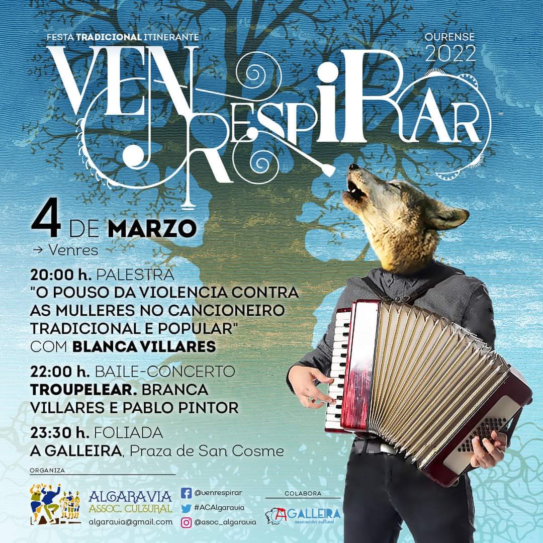 E o venres 4 tamén nos trae un final de entroido con foliada! Aí voltan os Venrespirar e o primeiro será na Galleira. Ás 20h faladoiro sobre a violencia machista no cancioneiro popular con Blanca Villares e a partir das 22h FOLIADA! Convidade ás vosas amigas e inimigas!