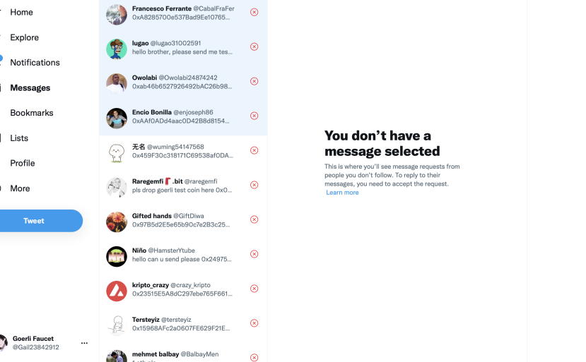Gail23842912's tweet photo. Too many people need Goerli ETH today,I'm thinking if I've been attacked?Send to over 600 accounts.Too many DMS here,Check if u have received it.#goerliFaucet #goerli #Faucet #ETH https://t.co/2shSrNGd8r