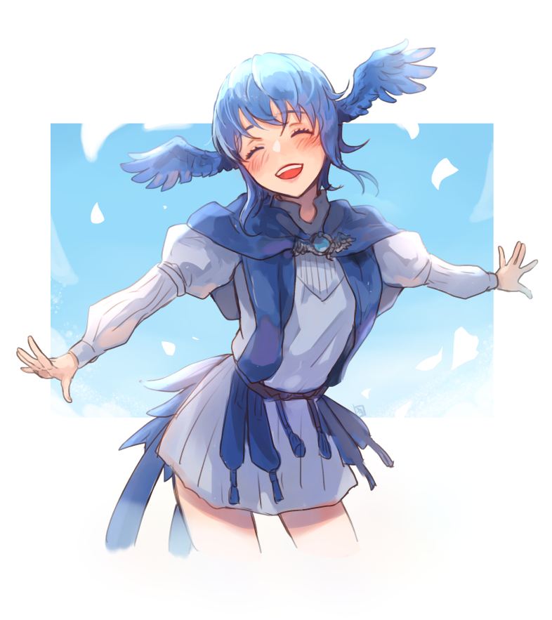 1girl solo head wings closed eyes outstretched arms blue hair wings  illustration images