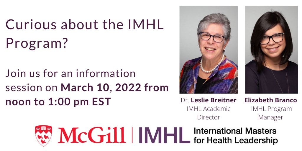 McGillGCHM_IMHL's tweet photo. Join IMHL Academic Director Leslie Breitner and IMHL Program Manager Elizabeth Branco for an information session on March 10th at Noon EST. Register through the link below:
https://t.co/jJbMezB2i5 https://t.co/uklrMPZyb4
