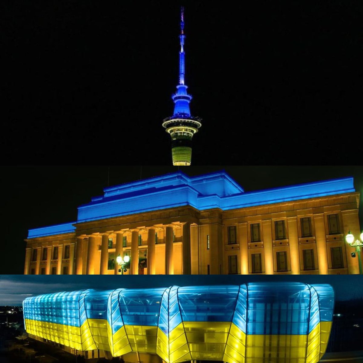 Almost 17,000 kilometers from the conflict in Ukraine, #NewZealand landmarks join the rest of the world to #StandWithUkraine in solidarity as we continue to call for ceasefire and a peaceful resolution 🇺🇦 🇳🇿