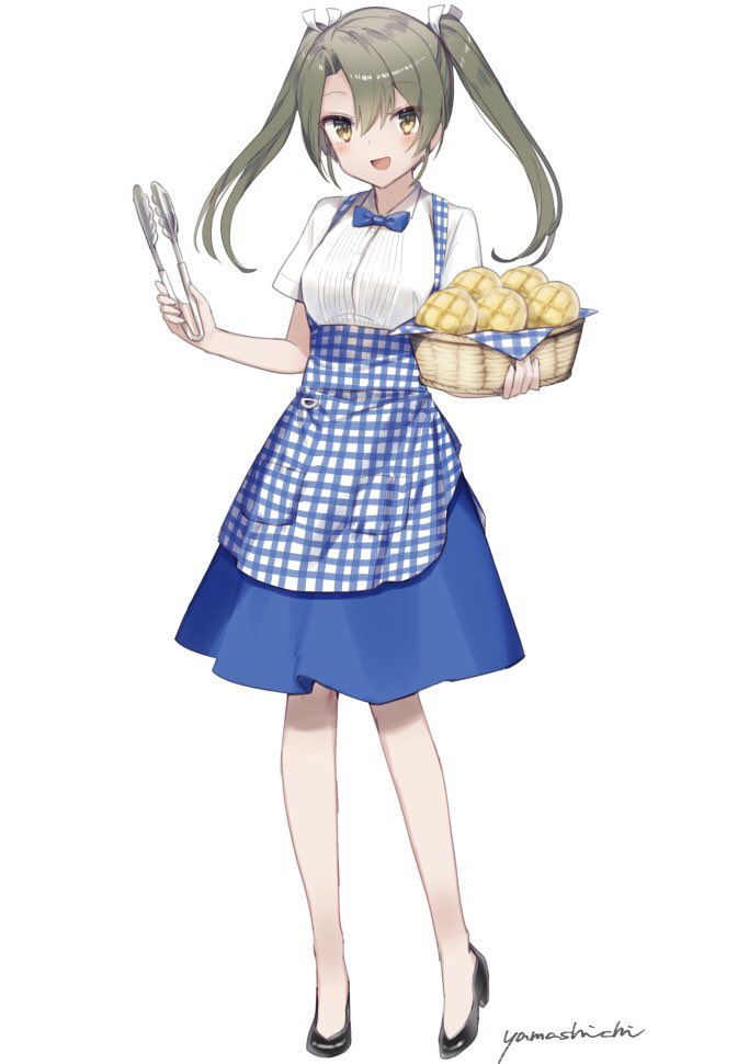 zuikaku (kancolle) 1girl solo basket blue apron twintails skirt blue skirt  illustration images