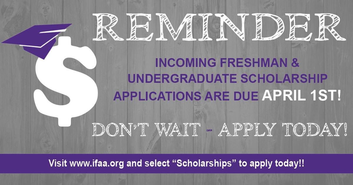 IAWinnersCircle's tweet photo. REMINDER!!!! ALL IFAA Scholarship Applications are due at midnight on April 1. Visit https://t.co/1bqGmiO1pN to apply today! #RoadToTheWinnersCircle https://t.co/KtJ1Q5cNVK
