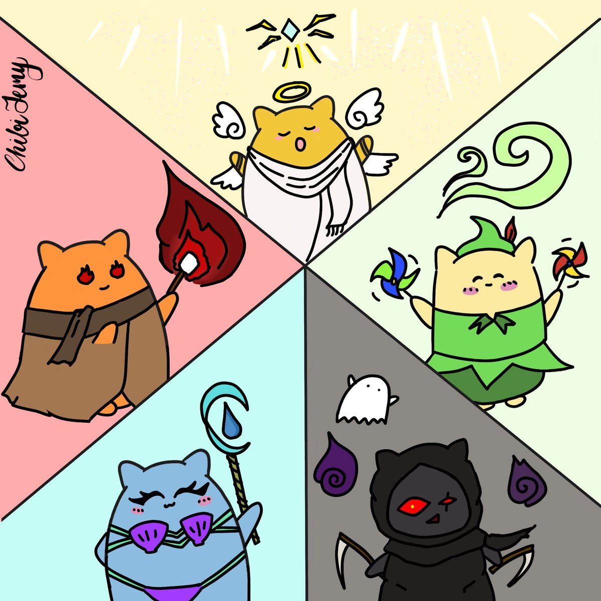 @Whiskers_NFT <a href="/RoongK/">Ledia Roongk</a> The five elements of wizards in a whimsical way. Light (healer), dark (necromancer), fire, wind and water. Hope you like it