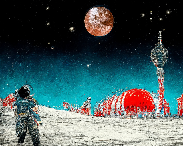 I challenged myself to create a cohesive visual story collaborating with the sudomake.art AI. I created the following in about an hour using text prompts + remixing functions. I didn’t draw or paint a single element.
---
The moon had become our home, but not by choice.