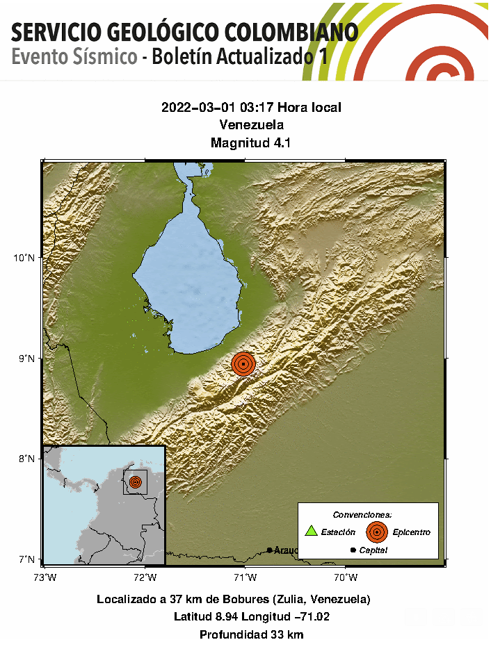 infopublicave's tweet photo. 📢 El Servicio Geológico Colombiano (@sgcol) informó de un sismo de magnitud 4.1 a 37 kilómetros de #Bobures, #Zulia, la madrugada de este #1mar 👇🏻 https://t.co/Rox5OxKrhW