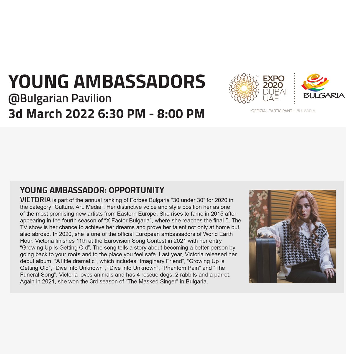 Bulgaria2020's tweet photo. @victoriageorgievaoff
The Bulgarian pavilion at @expo2020dubai  will present three of the successful young people named in the prestigious ranking of Forbes Magazine Bulgaria "30 under 30". The theme of the online event is "Young ambassadors" and will start at 6.30 p.m. #bulgaria https://t.co/Si08eYMhq8