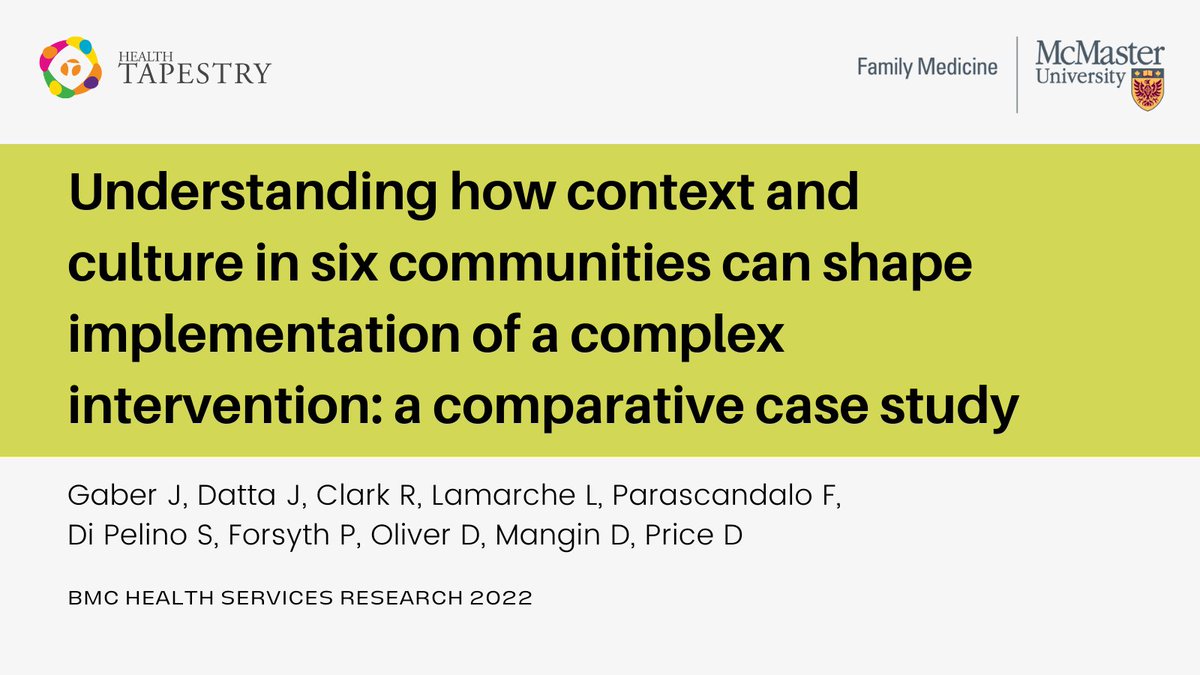 How does implementation of a complex health care intervention differ depending on context and culture? New publication in <a href="/HSRatBMC/">Health Services Research at BMC</a> explores the differences, barriers &amp; facilitators to implementing <a href="/HealthTapestry/">Health TAPESTRY</a> in 6 communities. bit.ly/3Ih9dhn