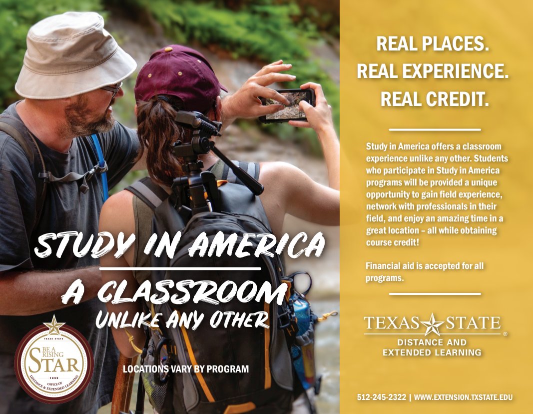 Students, as you prepare your Summer and Fall schedules, check out Study in America: A Classroom Unlike Any Other! Travel &amp; gain course credit and career experience!

Real places. Real Experience. Real credit.
#txstsia22 #TXST

extension.txstate.edu/SIA/study-in-a…