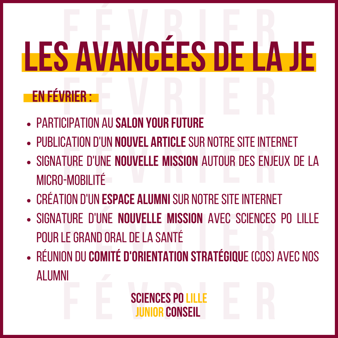 // BILAN DU MOIS // 

⚡️Chaque mois, Sciences Po Lille Junior Conseil vous partage ses #avancées. 

Rendez-vous fin Mars pour le prochain #bilan, qui nous espérons sera tout aussi riche en #projets !

#association #SciencesPo #SciencesPoLille #WeAreJE #juniorentreprise #SPLJC
