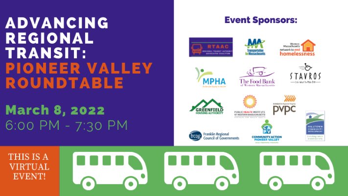 The RTA Advocates Coalition and Pioneer Valley partners are hosting a virtual roundtable next Tuesday, 3/8 at 6PM. Join to learn more about how policymakers and advocates can advance regional equity through transit. 
us02web.zoom.us/meeting/regist…