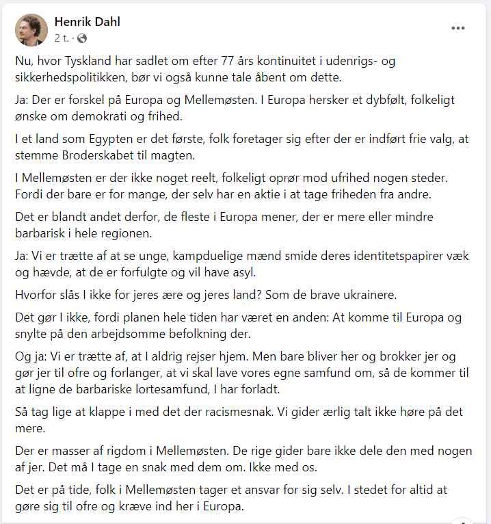 steffen_groth's tweet photo. Dahl synes man skal "klappe i med det der racismesnak". Ifølge ham er forskellen på flygtninge fra Ukraine og Mellemøsten, at de sidste kommer hertil for at "snylte på den arbejdsomme befolkning" og "forlanger" at vores lande laves om så de ligner deres "barbariske lortesamfund". https://t.co/R5Bpj2sN88