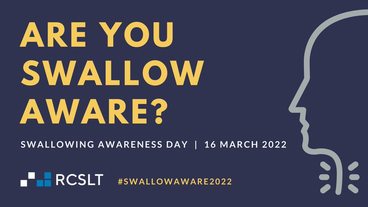Do you have eating, drinking and swallowing difficulties aka #dysphagia? Have speech 
 and language therapists helped you to eat and drink safely? Share your story on 16 March using #SwallowAware2022 rcslt.org/get-involved/s…

<a href="/NHWeek/">N&H Week</a> <a href="/wespeechies/">WeSpeechies</a> <a href="/WeAHPs/">WeAHPs 💙</a> #slpeeps #mySLTday