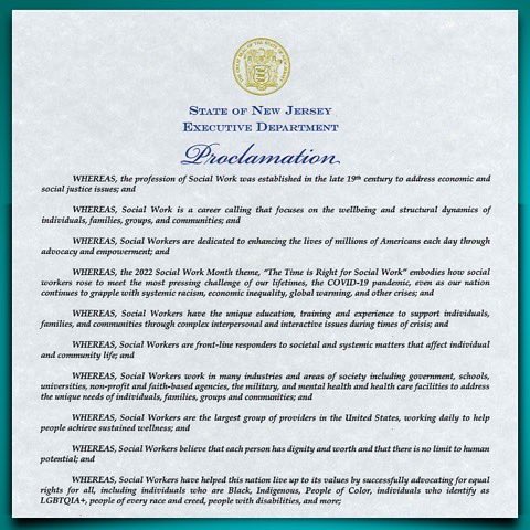 NASWNJ's tweet photo. Governor Murphy recognized the month of March as #socialworkmonth in New Jersey! We are grateful for the work our social workers are doing in our community and beyond! This month’s for you! 🤍 https://t.co/9B1OeCFruc
