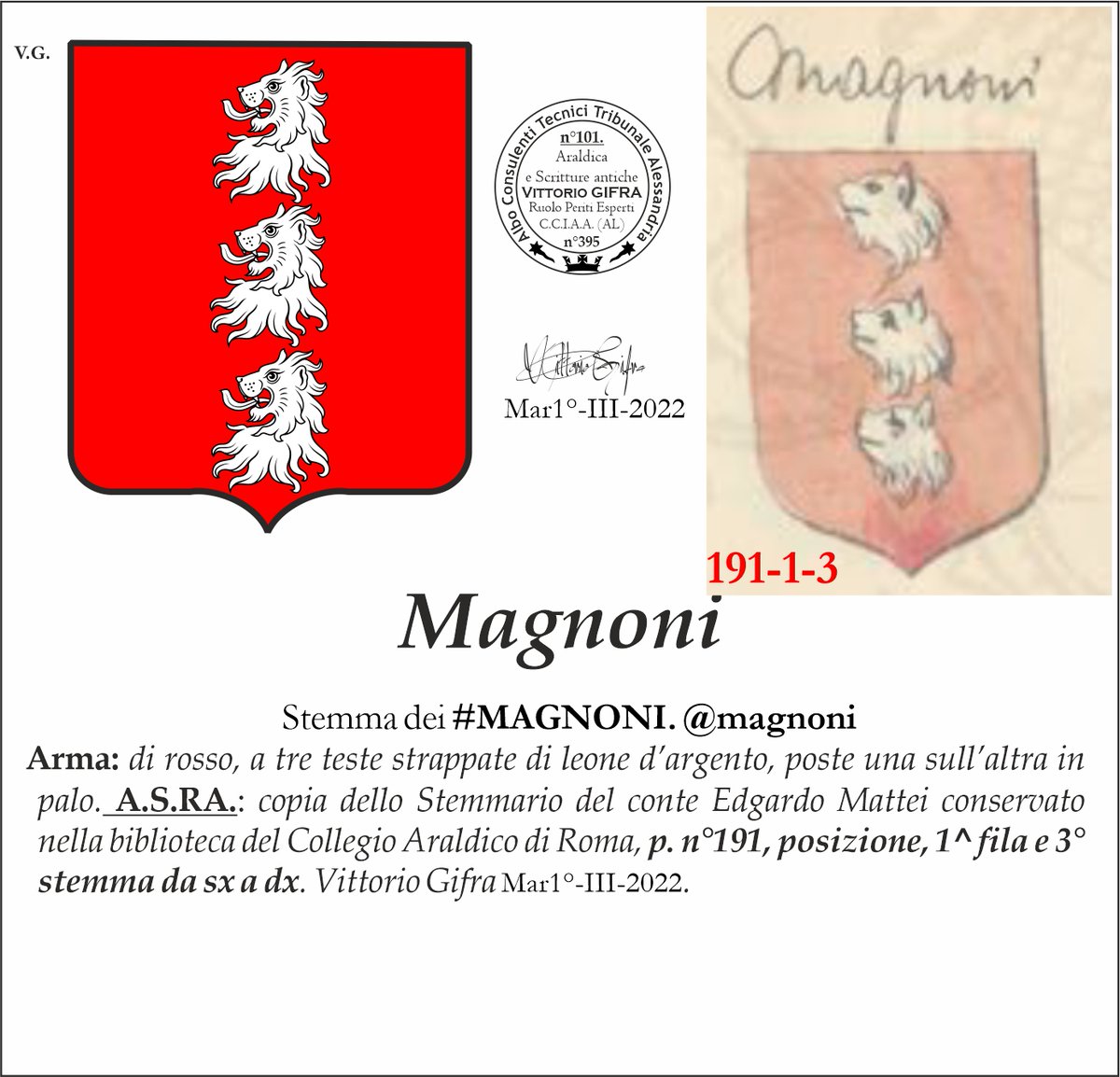VGIFRA's tweet photo. Stemma dei #MAGNONI. @magnoni
Arma: di rosso, a tre teste strappate di leone d’argento, poste una sull’altra in palo. A.S.RA.: copia dello Stemmario del conte Edgardo Mattei conservato nella biblioteca del Collegio Araldico di Roma, p. n°191.
Vittorio Gifra Mar1°-III-2022. https://t.co/v6nwf3c4BT