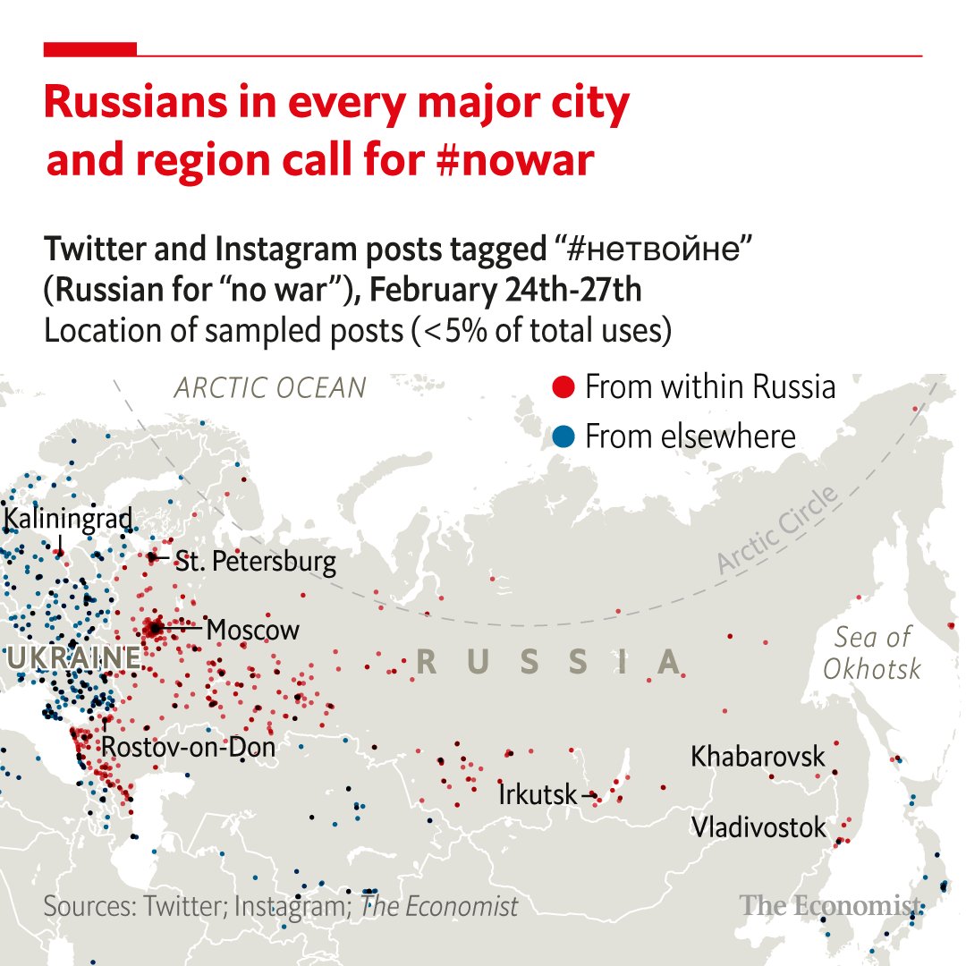 Some Russians are joining the online protest against war in Ukraine, using the hashtag #нетвойне, which means “no war”. Russian authorities have responded by tightening their grip on the internet econ.st/3IxFC3b