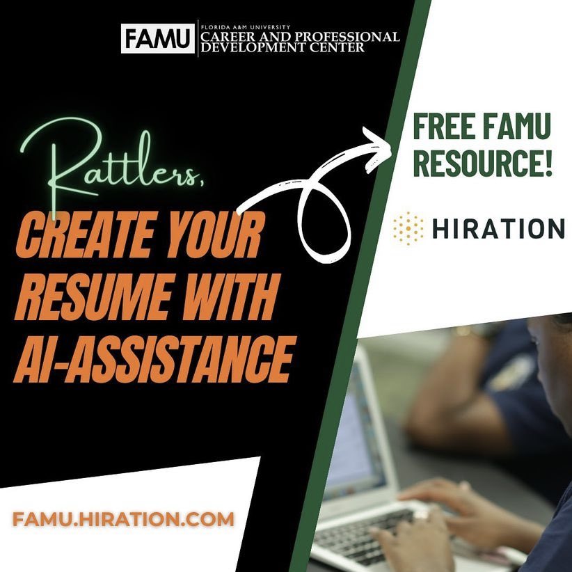 Create the perfect resume with FAMU’s Hiration! 📝🔥 

 “Hiration” is our NEW resume creator platform that helps you create a resume with an AI assistant and allows you receive instant feedback. Check it out today Rattlers! 🐍