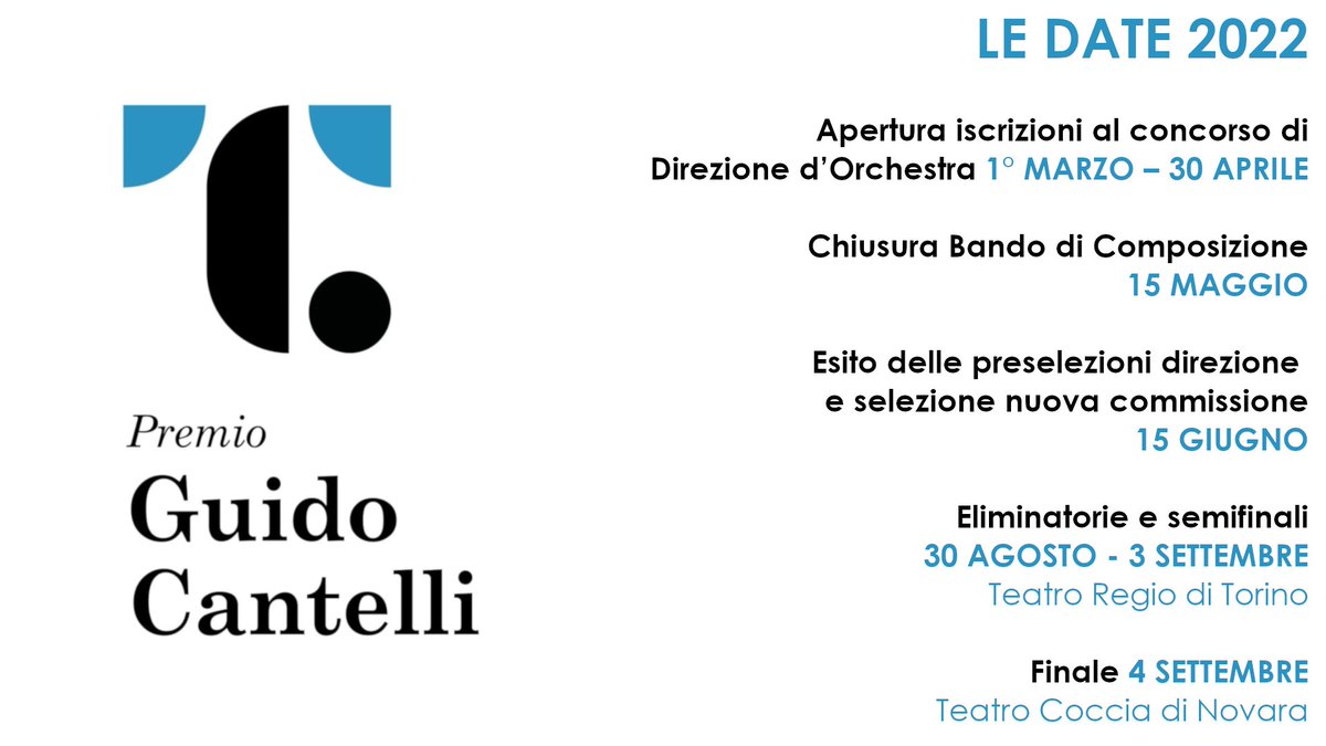 12^ edizione del Premio Internazionale di Direzione d'Orchestra GUIDO CANTELLI: iscrizioni aperte da oggi 1° Marzo 2022.
12th edition of the Guido Cantelli Conducting Prize: Call opening 1st of March 2022.

fondazioneteatrococcia.it/premio-cantell…