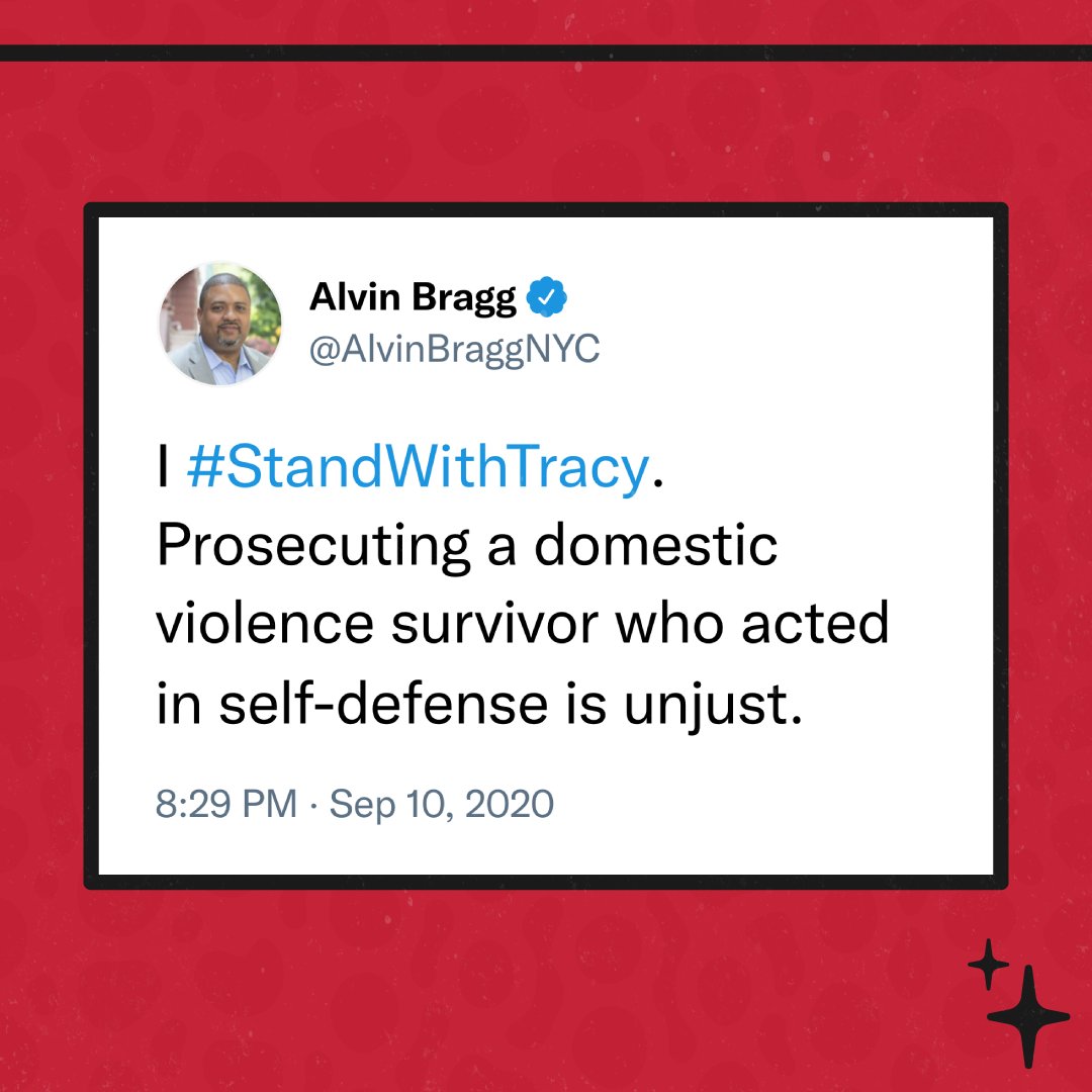 The people elected @ManhattanDA because of his commitments to not prosecute survivors & reduce prosecution generally. It is now time to walk the talk & drop charges against Tracy McCarter, a Black survivor of DV! #DropHerCharges #StandWithTracy