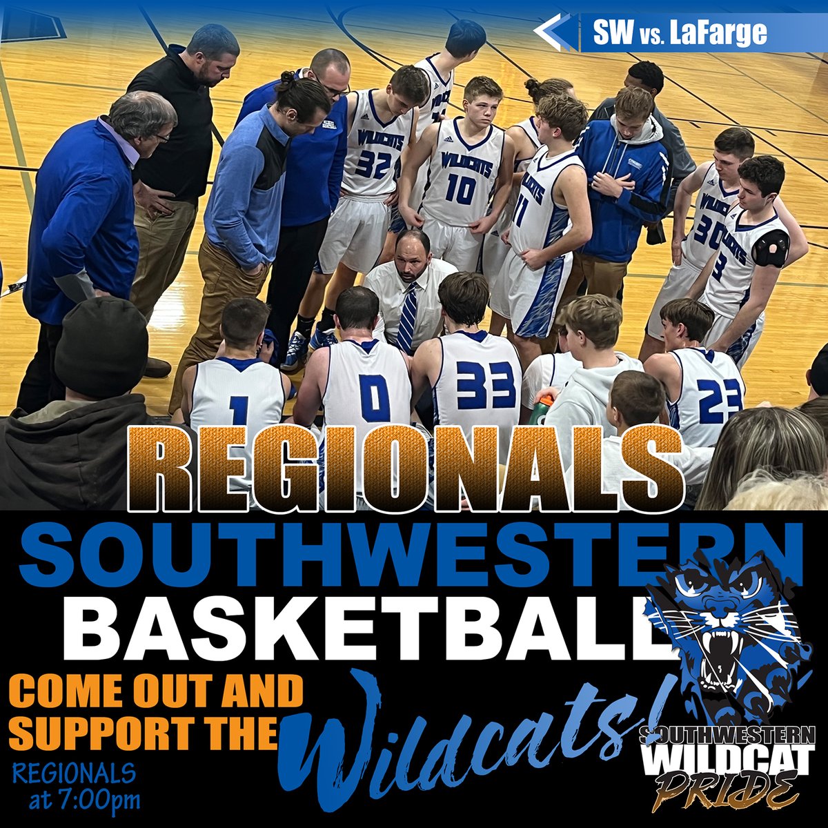 WildcatsSW's tweet photo. The boys basketball team will kick off their Regional tournament play tonight at home. Keep the momentum going Wildcats!
-7:00pm game time.
-Doors open at 6:30.
-All tickets are $6.
Livestream available here: https://t.co/UoH6JwkKdg...
#SWWildcatPride https://t.co/lpDdJKXAAD