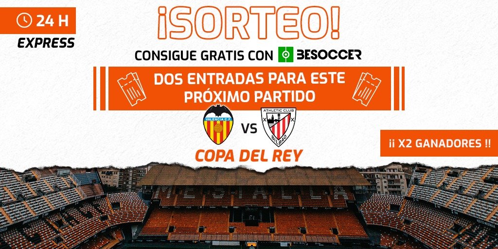 🎁NUEVO SORTEO🎁

Gana dos entradas para la vuelta del <a href="/valenciacf/">Valencia CF</a> 🆚 <a href="/AthleticClub/">Athletic Club</a> de la semifinal de la Copa del Rey.

¡X2 ganadores!

Pasos 📌

1: Sigue a <a href="/besoccer_ES/">BeSoccer</a> y <a href="/BeSoccerTeam/">Team BeSoccer</a> 
2: RT
3: Menciona a 3 amig@s

24h⌛️

¡Suerte🍀!

#sorteo 
#sorteoentrada