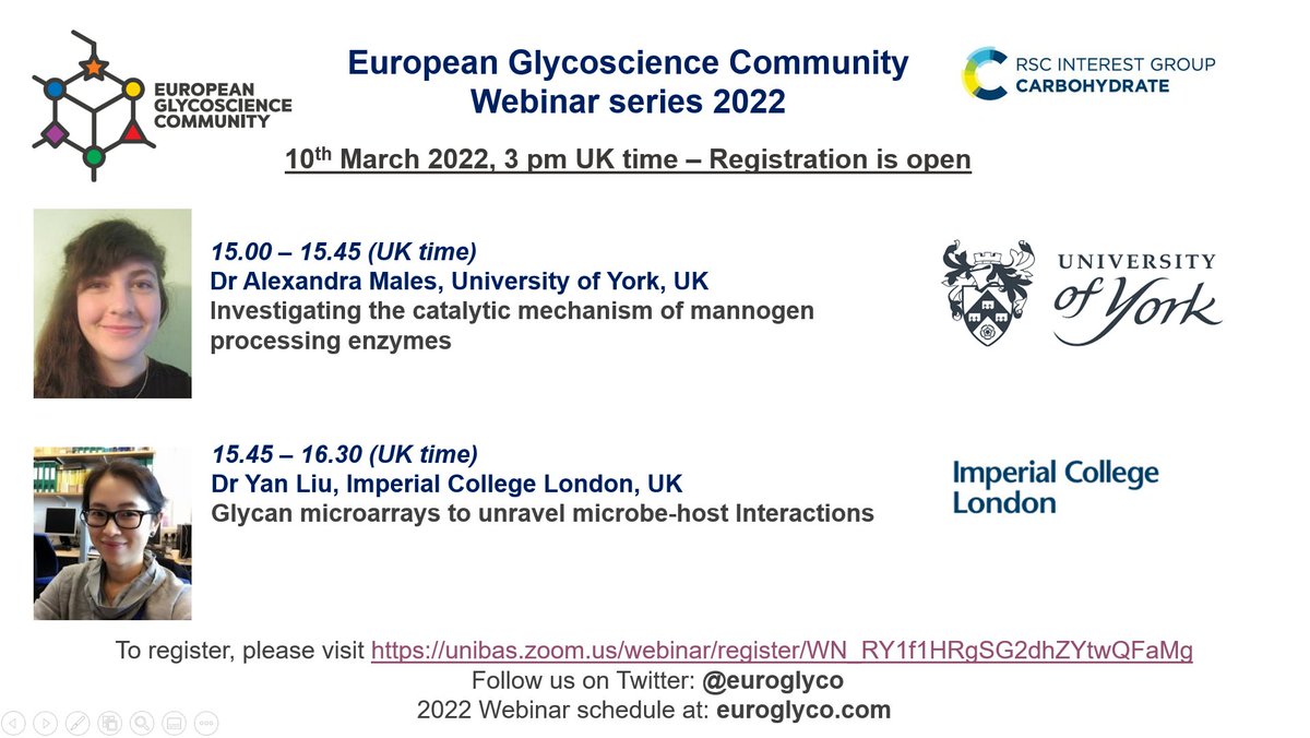 European Glycoscience Community (@euroglyco) on Twitter photo 📅Join us on Thursday 10th March for our glycobiology webinar at 3 pm GMT. Exciting talks by Alexandra Males & Yan Liu #glycotime
Registration here: unibas.zoom.us/webinar/regist…
<a href="/Glyco_Alps/">Glyco@Alps</a> <a href="/GlycoNmr_Bilbao/">GlycoNMR@Bilbao</a> <a href="/glycoworld/">Alexei Demchenko, PhD, ACSF</a> <a href="/glyconet_nce/">GlycoNet</a> <a href="/InnoglyA/">INNOGLY COST Action</a> <a href="/MITglycobio/">MIT Glycobio Club</a> <a href="/glyco_pm/">GlycoPM</a> <a href="/GFRGlyco/">GFRGlyco</a> 📅Join us on Thursday 10th March for our glycobiology webinar at 3 pm GMT. Exciting talks by Alexandra Males & Yan Liu #glycotime
Registration here: unibas.zoom.us/webinar/regist…
<a href="/Glyco_Alps/">Glyco@Alps</a> <a href="/GlycoNmr_Bilbao/">GlycoNMR@Bilbao</a> <a href="/glycoworld/">Alexei Demchenko, PhD, ACSF</a> <a href="/glyconet_nce/">GlycoNet</a> <a href="/InnoglyA/">INNOGLY COST Action</a> <a href="/MITglycobio/">MIT Glycobio Club</a> <a href="/glyco_pm/">GlycoPM</a> <a href="/GFRGlyco/">GFRGlyco</a>