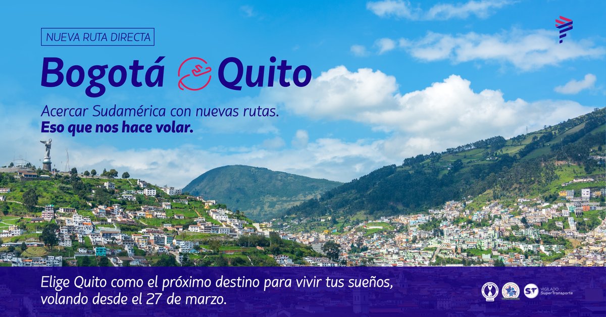 LATAM_CO's tweet photo. Tenemos nueva ruta para seguir conectándote con Sudamérica 😉. Desde el próximo 27 de marzo, estrenamos nuestra nueva ruta Bogotá – Quito 🤯. Un vuelo directo de menos de dos horas y con 5 frecuencias semanales✈️. ¡Increíble! https://t.co/RNZZuykZZ4