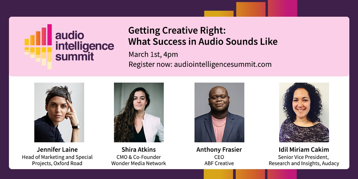 AudacyCorp's tweet photo. SVP of Research and Insights @idilcakim moderates "Getting Creative Right: What Success in Audio Sounds Like" at @Veritonic's inaugural Audio Intelligence Summit, today at 4:00 p.m. ET. 
Register: https://t.co/7Lb9QqLBvG https://t.co/bgbidsCWC8