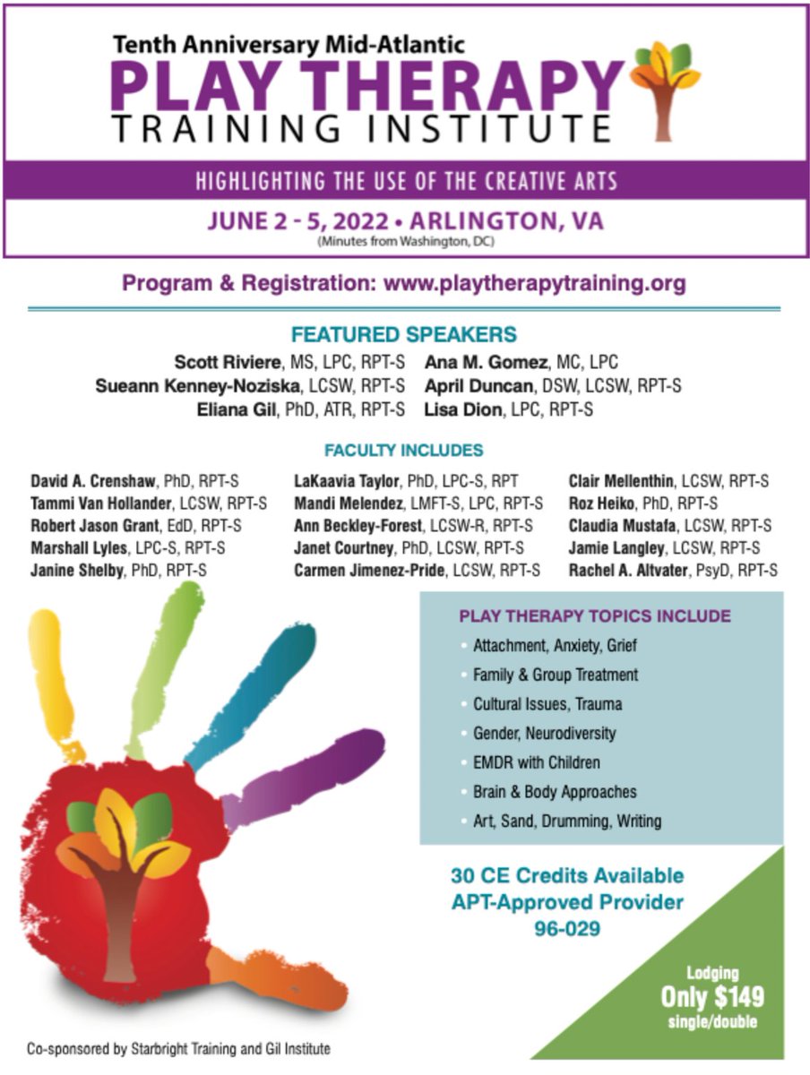 PrideLCSW's tweet photo. Registration is open for the 10th Mid-Atlantic Play Therapy Training Institue June 2-5, 2022
I will be presenting on Internal Family Systems and Play Therapy!
Registration: https://t.co/0k1NRXKI1j
#internalfamilysystems
#playtherapy
#Pridelcsw https://t.co/dI6dMFPO69