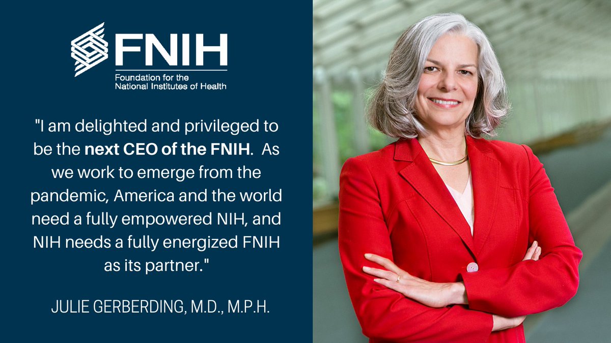 FNIH_Org's tweet photo. The FNIH is proud to announce Dr. Julie Gerberding, renowned health advocate, leader at @Merck and @CDCgov and infectious disease expert at @UCSF will start on May 16 as its next CEO and lead the way in advancing biomedical research.

Learn more: https://t.co/m7jBFNcugx https://t.co/tCmFh71weo
