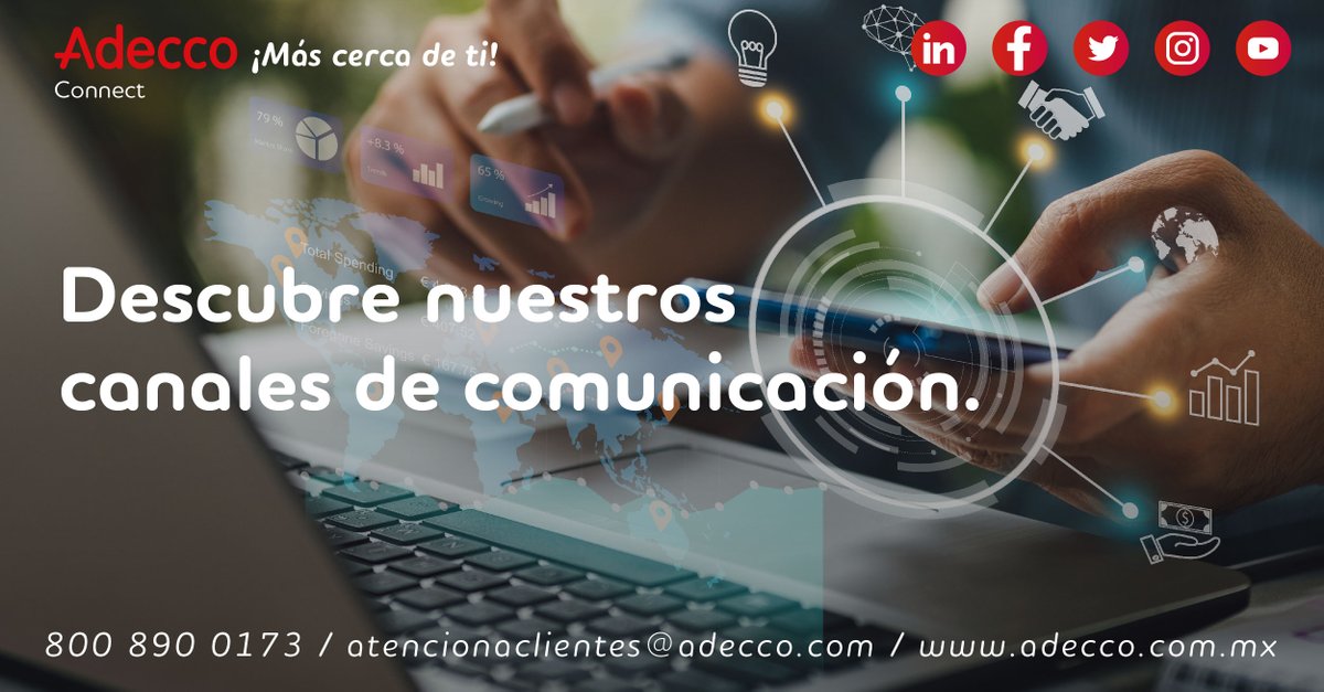 Ahora Adecco Connect esta más cerca de ti. ¡Conoce nuestros medios de contacto! 

☎️ 800 890 0173
📨 atencionaclientes@adecco.com
🌐 fal.cn/3mzqf
