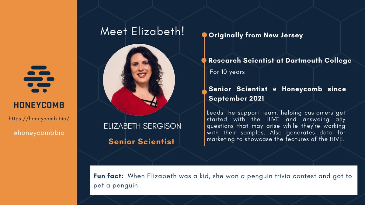 honeycombbio's tweet photo. 👋🏻 Meet Elizabeth, our Senior Scientist! 😊
#teamtuesdays #honeycombbio_team #singlecell #honeycombbio #HIVE #HIVEscRNAseq #scRNAseq #singlecellgenomics https://t.co/Uec2vJhIS3